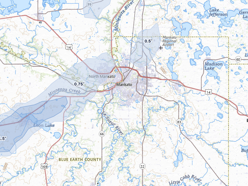 NEXRAD radar-signature map of the hail over Mankato, MN