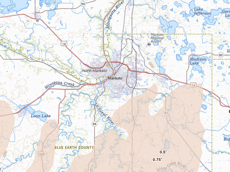 Radar-estimated hail-size map of the storm over Mankato, MN on May 17, 2026