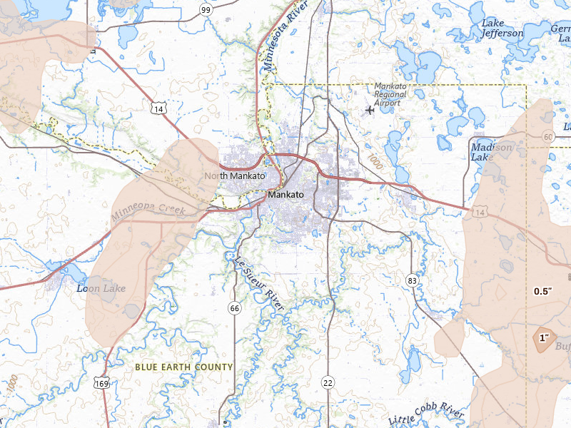 Radar-estimated hail-size map of the storm over Mankato, MN on Jun 9, 2026