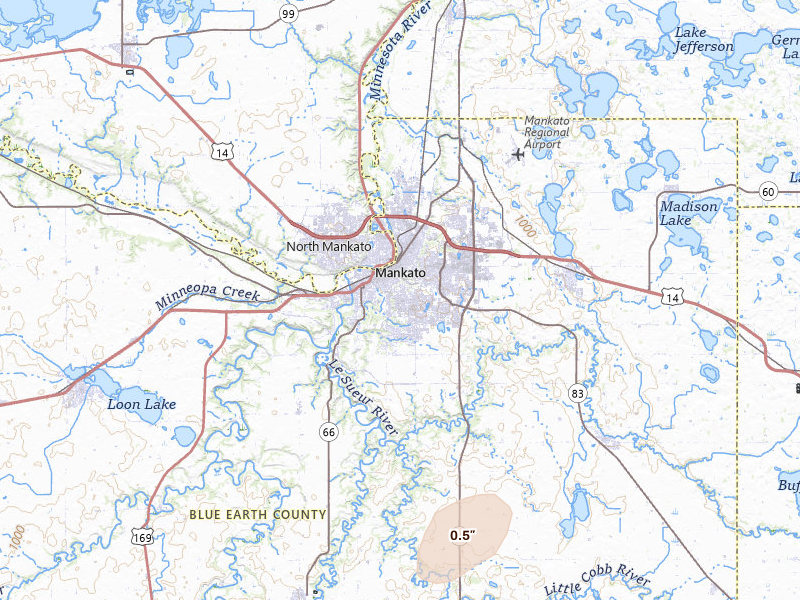 Radar-estimated hail-size map of the storm over Mankato, MN on Jun 30, 2026