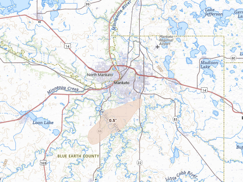 Radar-estimated hail-size map of the storm over Mankato, MN on Jul 1, 2026
