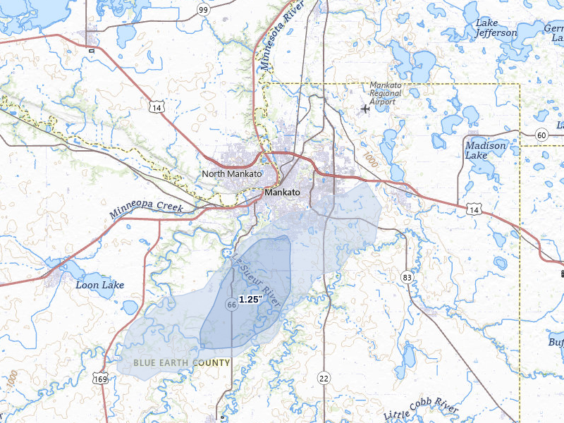 NEXRAD radar-signature map of the hail storm over Mankato, MN on Jul 1, 2026