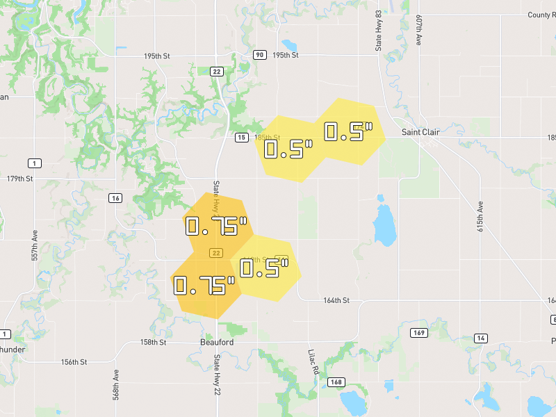 Hail map of Mankato, MN on Jul 1, 2026, hail up to 0.75"