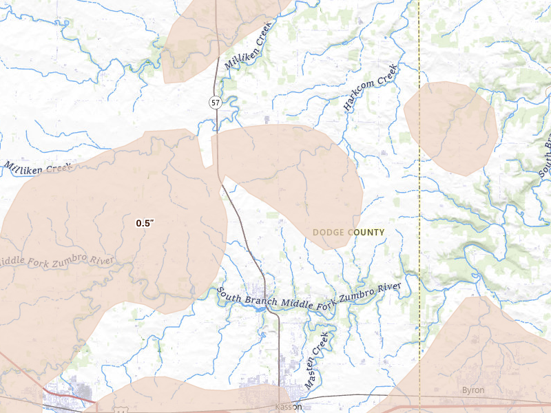Radar-estimated hail-size map of the storm over Mantorville, MN on Sep 1, 2026