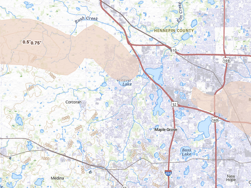 Radar-estimated hail-size map of the storm over Maple Grove, MN on Jun 19, 2026
