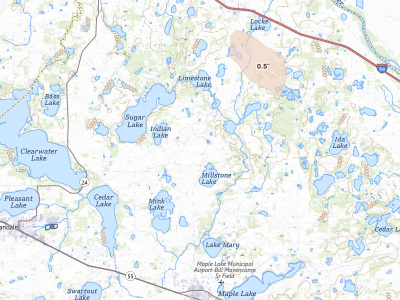 Radar-estimated hail-size map of the storm over Maple Lake, MN on Jan 9, 2026
