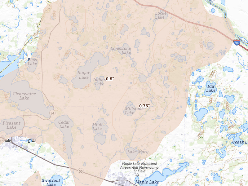 Radar-estimated hail-size map of the storm over Maple Lake, MN on Apr 23, 2026