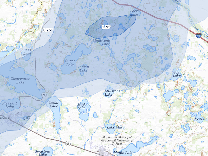 NEXRAD radar-signature map of the hail over Maple Lake, MN