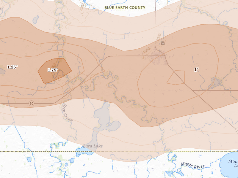 Radar-estimated hail-size map of the storm over Mapleton, MN on Apr 13, 2026