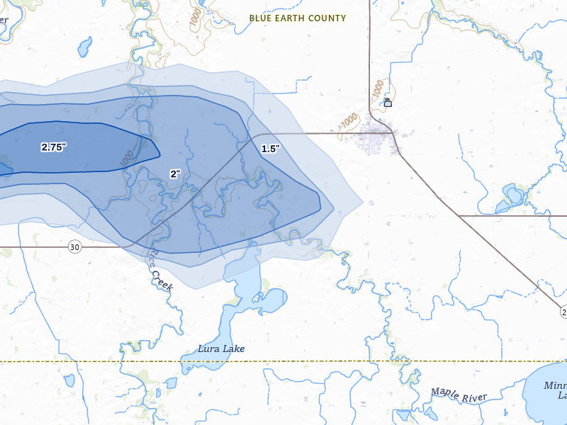 NEXRAD radar-signature map of the hail storm over Mapleton, MN on Apr 13, 2026
