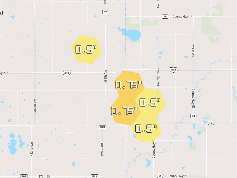 Hail map of Marietta, MN on Jul 7, 2026, hail up to 0.75"