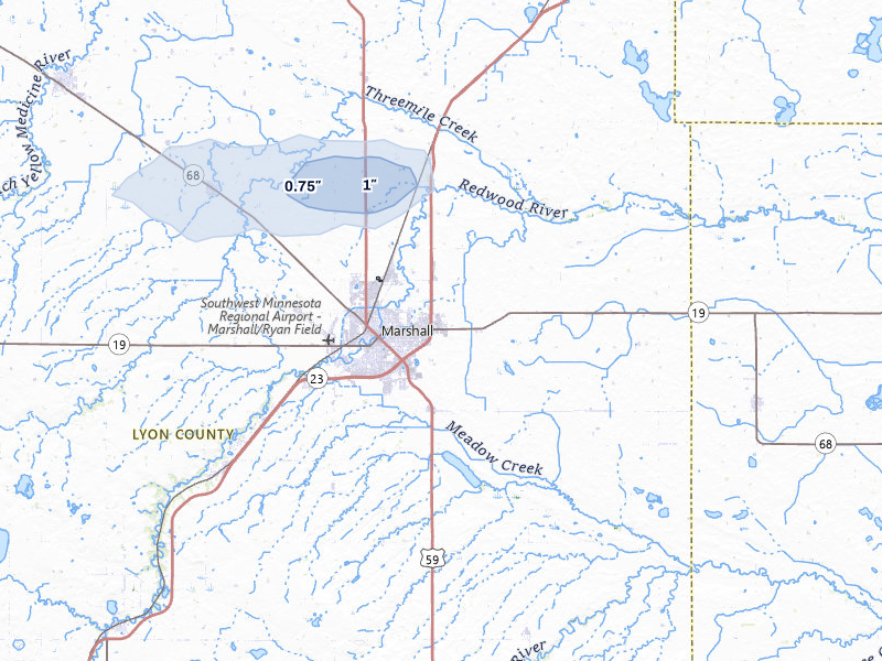 NEXRAD radar-signature map of the hail storm over Marshall, MN on Jun 27, 2026