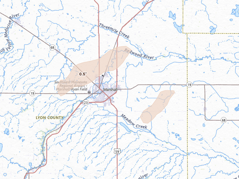Radar-estimated hail-size map of the storm over Marshall, MN on Jun 29, 2026
