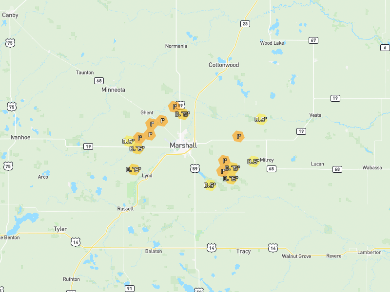 Hail map of Marshall, MN on Jun 30, 2026, hail up to 1"