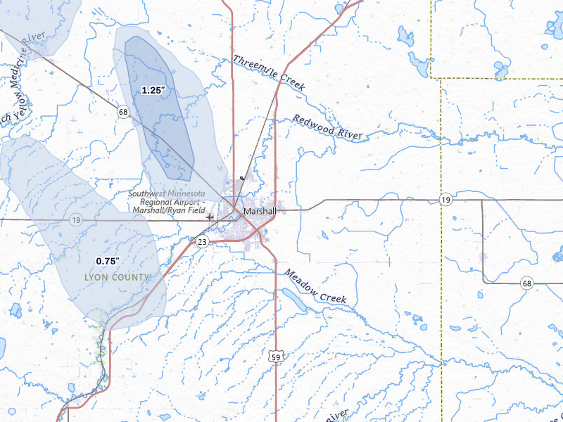 NEXRAD radar-signature map of the hail storm over Marshall, MN on Jul 6, 2026