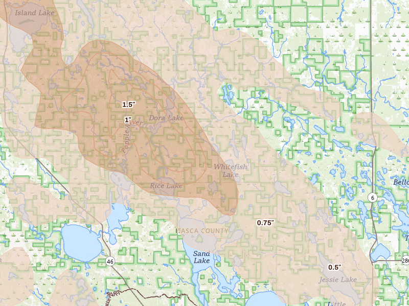 Radar-estimated hail-size map of the storm over Max, MN on Jul 24, 2026
