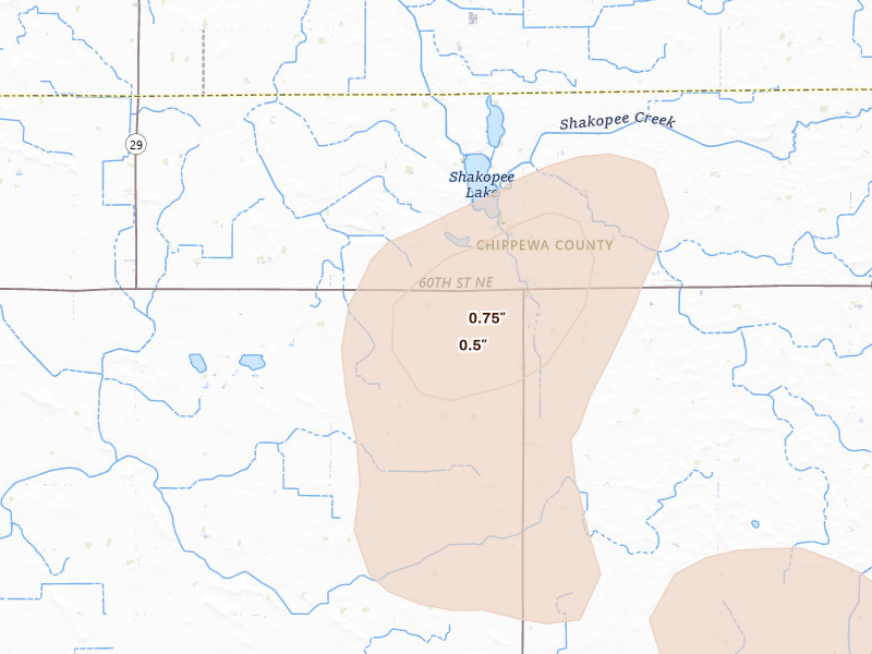 Radar-estimated hail-size map of the storm over Maynard, MN on Jun 4, 2026