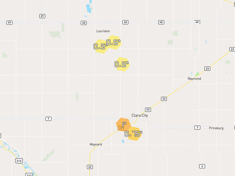 Hail map of Maynard, MN on Jul 5, 2026, hail up to 1"