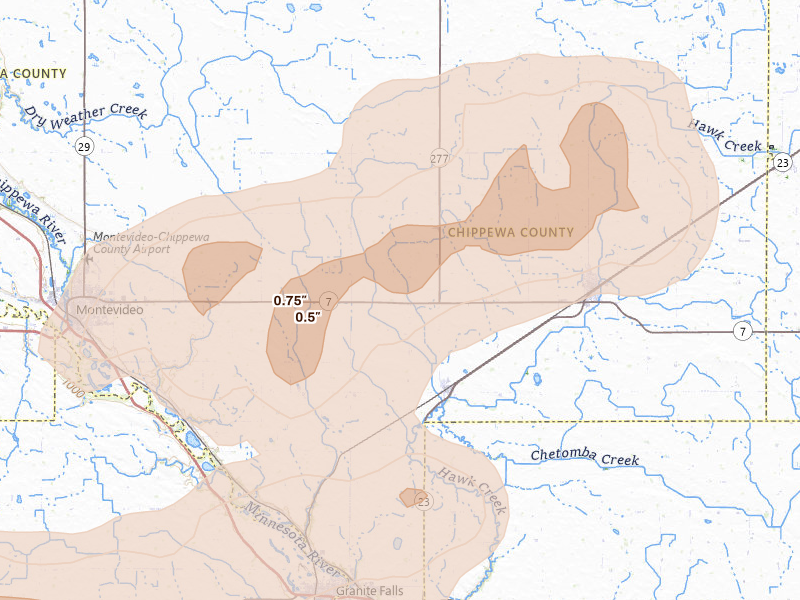 Radar-estimated hail-size map of the storm over Maynard, MN on Aug 6, 2026