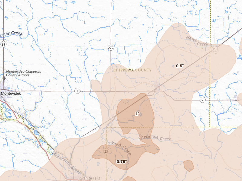 Radar-estimated hail-size map of the storm over Maynard, MN on Aug 7, 2026
