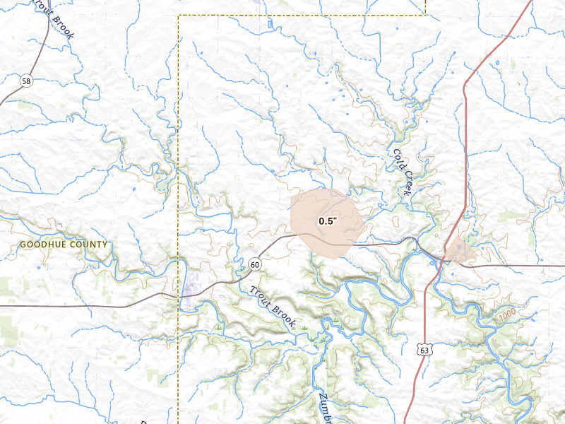 Radar-estimated hail-size map of the storm over Mazeppa, MN on Aug 8, 2026