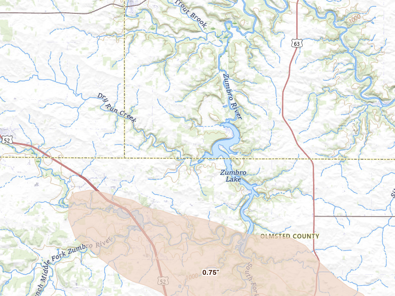 Radar-estimated hail-size map of the storm over Mazeppa, MN on Aug 18, 2026