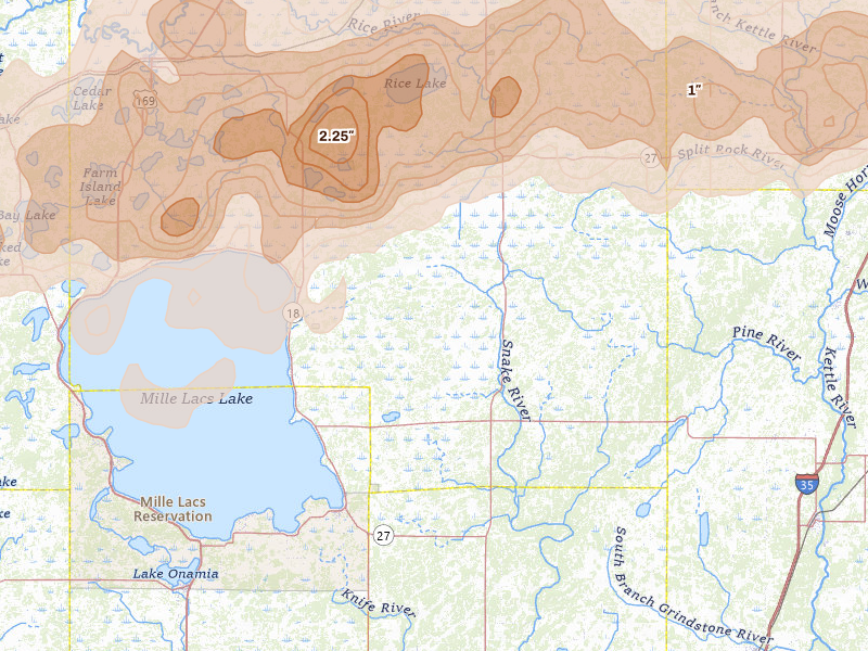 Radar-estimated hail-size map of the storm over Mc Grath, MN on Jun 29, 2026