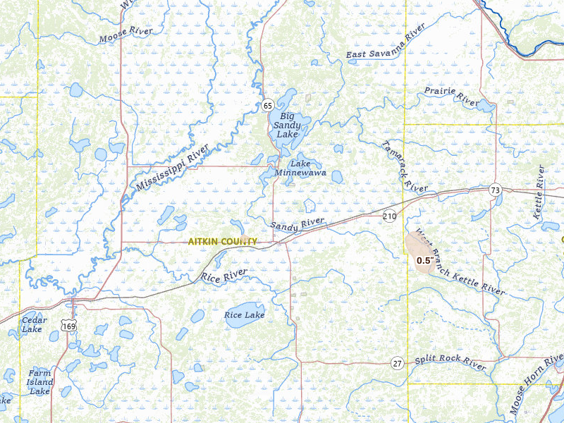 Radar-estimated hail-size map of the storm over Mcgregor, MN on Jun 9, 2026