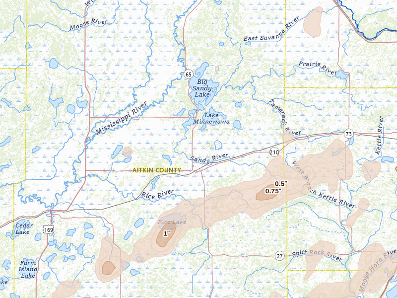 Radar-estimated hail-size map of the storm over Mcgregor, MN on Jun 10, 2026