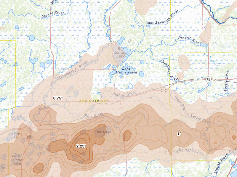 Radar-estimated hail-size map of the storm over Mcgregor, MN on Jun 29, 2026