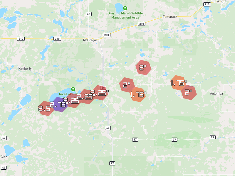 Hail map of McGregor, MN on Jun 29, 2026, hail up to 2.75"