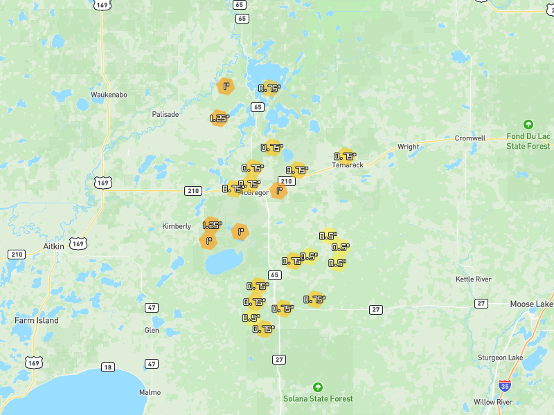 Hail map of McGregor, MN on Jun 30, 2026, hail up to 1.25"