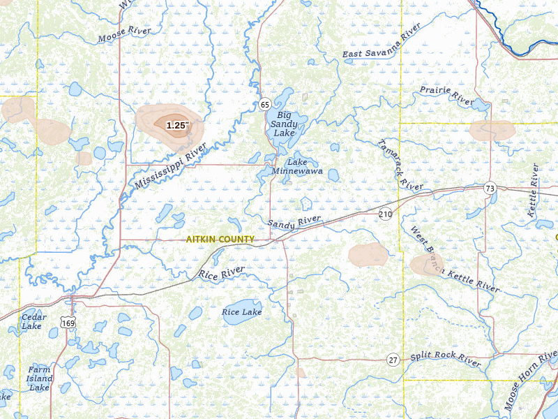 Radar-estimated hail-size map of the storm over Mcgregor, MN on Jul 3, 2026