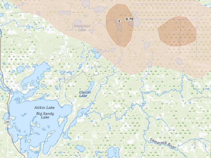 Radar-estimated hail-size map of the storm over Mcgregor, MN on Sep 3, 2026