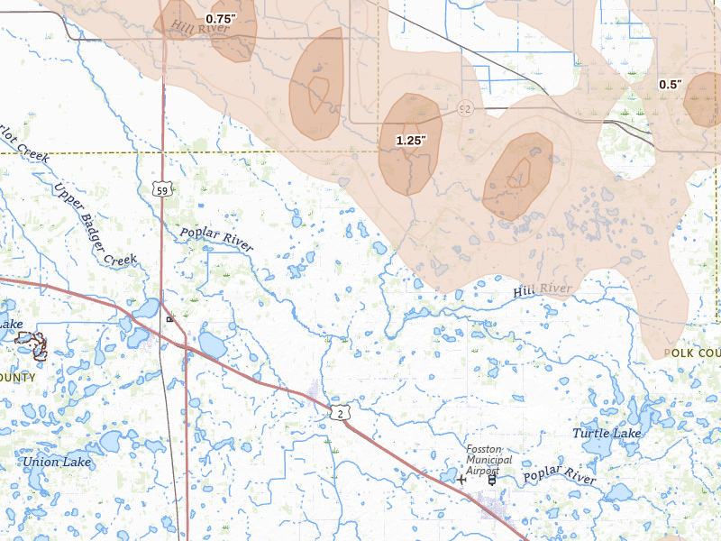 Radar-estimated hail-size map of the storm over Mcintosh, MN on Jul 24, 2026