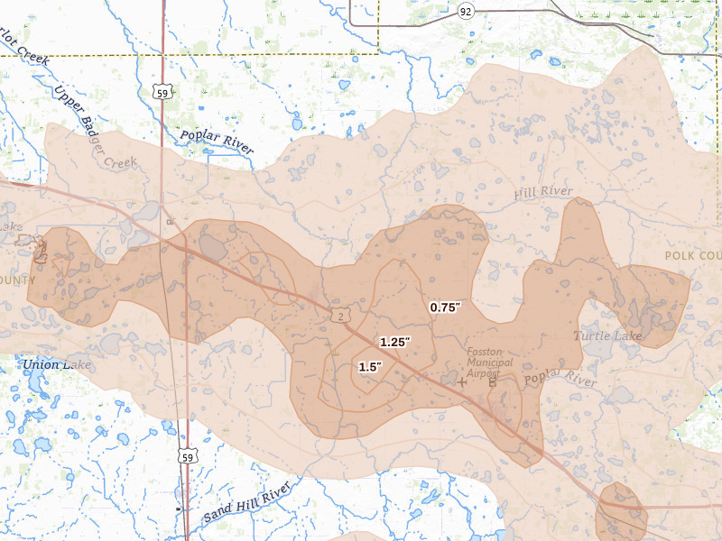 Radar-estimated hail-size map of the storm over Mcintosh, MN on Sep 3, 2026