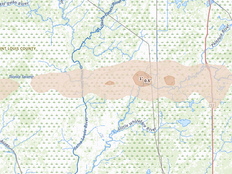 Radar-estimated hail-size map of the storm over Meadowlands, MN on Apr 12, 2026
