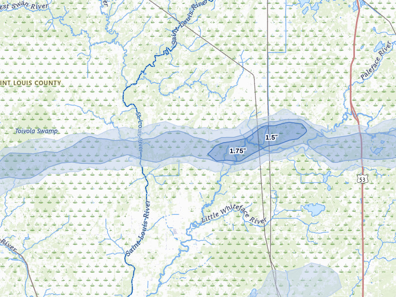 NEXRAD radar-signature map of the hail over Meadowlands, MN