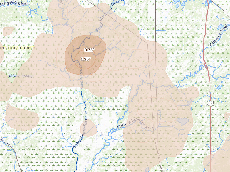 Radar-estimated hail-size map of the storm over Meadowlands, MN on Jun 29, 2026