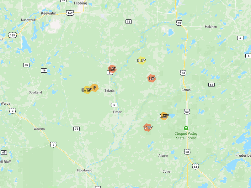 Hail map of Meadowlands, MN on Jun 29, 2026, hail up to 1.75"