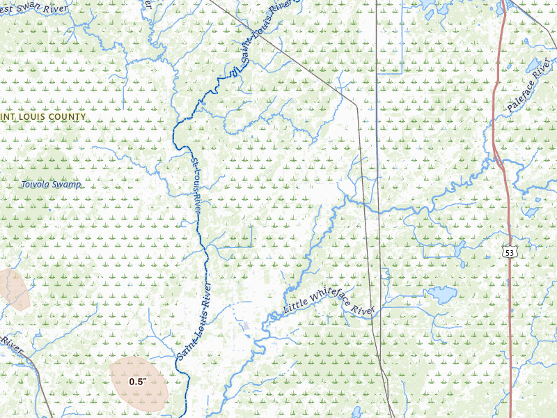 Radar-estimated hail-size map of the storm over Meadowlands, MN on Jul 17, 2026