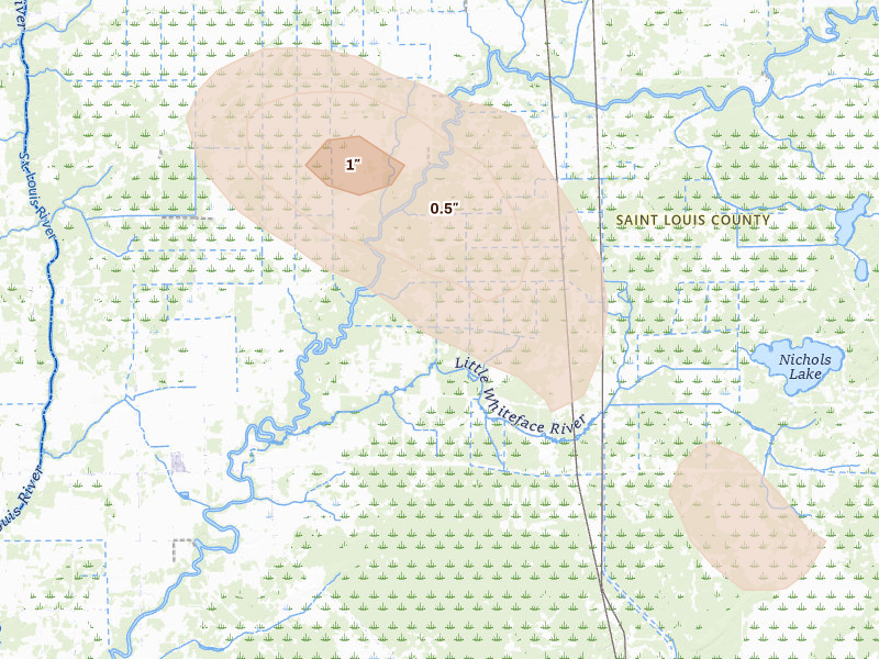 Radar-estimated hail-size map of the storm over Meadowlands, MN on Aug 20, 2026
