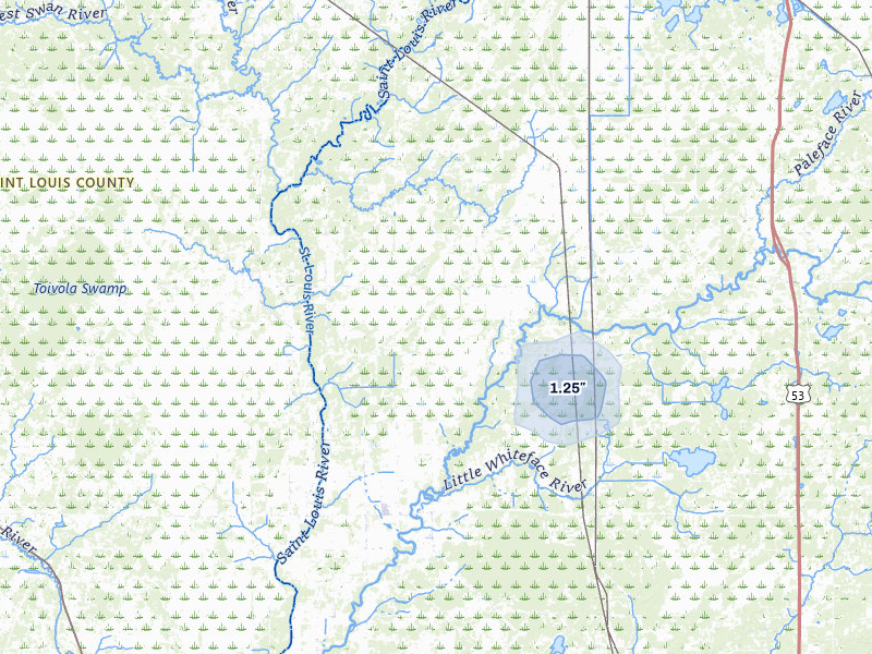 NEXRAD radar-signature map of the hail storm over Meadowlands, MN on Aug 20, 2026