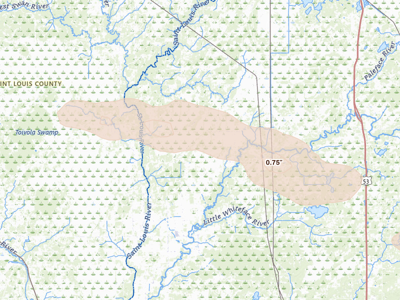 Radar-estimated hail-size map of the storm over Meadowlands, MN on Aug 25, 2026