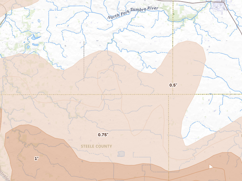 Radar-estimated hail-size map of the storm over Medford, MN on Apr 13, 2026