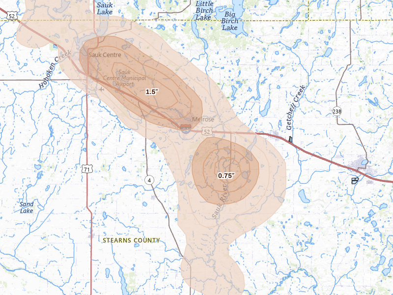 Radar-estimated hail-size map of the storm over Melrose, MN on Jul 4, 2026