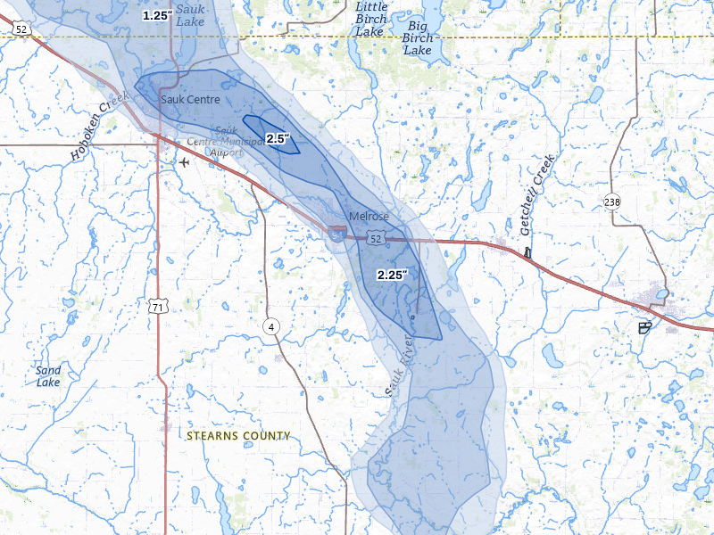 NEXRAD radar-signature map of the hail over Melrose, MN