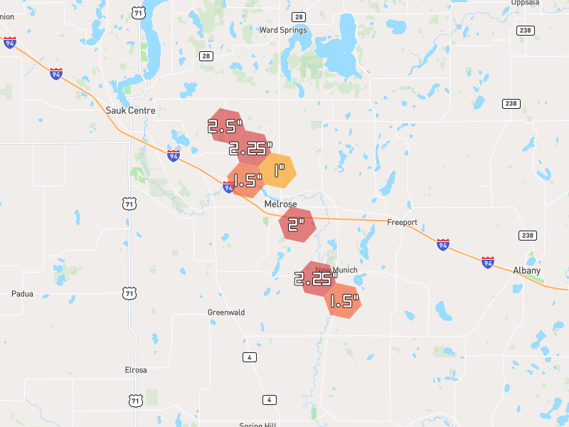Hail map of Melrose, MN on Jul 4, 2026, hail up to 2.5"