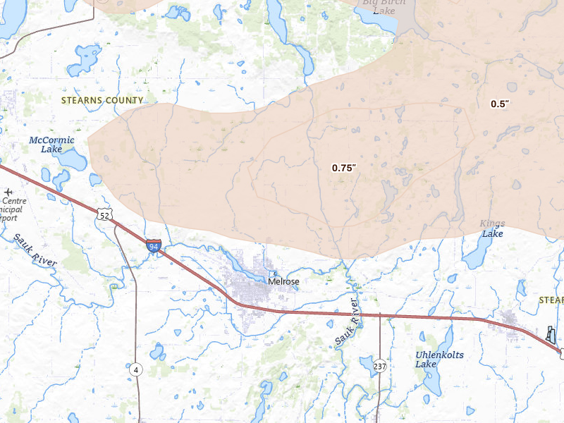 Radar-estimated hail-size map of the storm over Melrose, MN on Aug 8, 2026