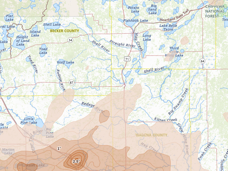 Radar-estimated hail-size map of the storm over Menahga, MN on Jun 29, 2026